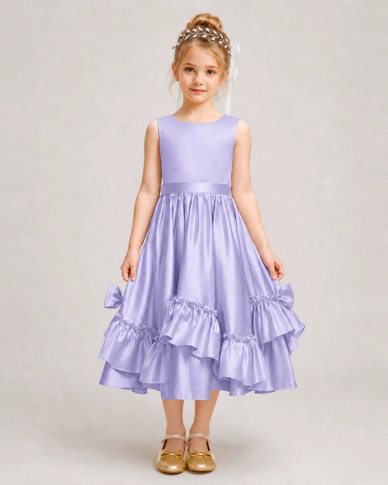 Lavender Flower Girl Dress Deep V-Back Satin Bow Ruffle Knee-Length Dress Front View