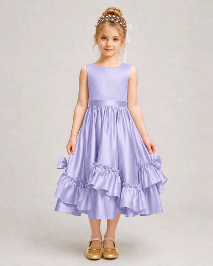 Lavender Flower Girl Dress Deep V-Back Satin Bow Ruffle Knee-Length Dress Front View