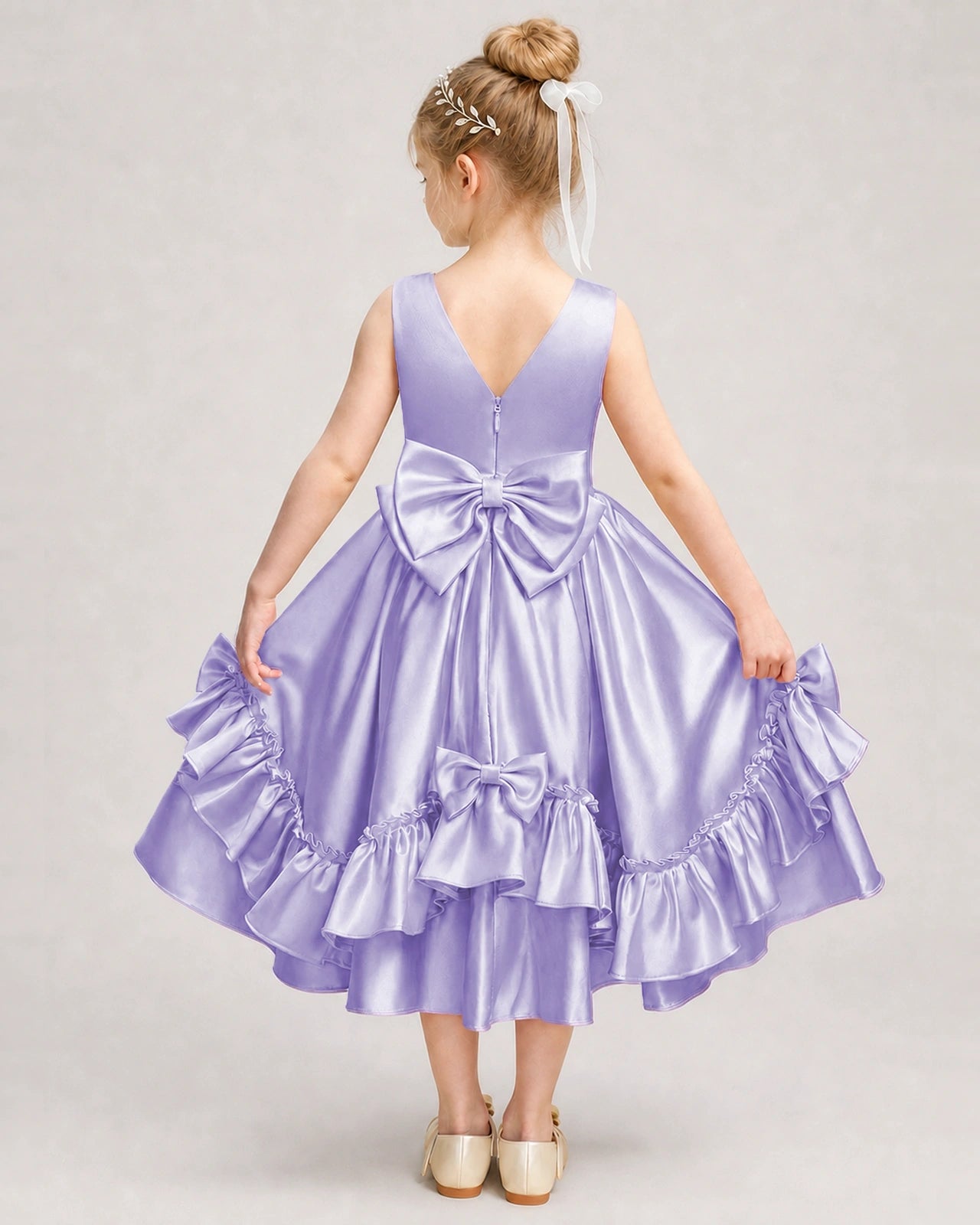Lavender Flower Girl Dress Deep V-Back Satin Bow Ruffle Knee-Length Dress Back View