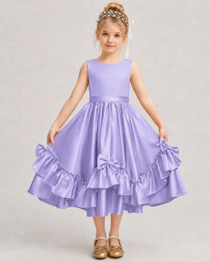 Lavender Flower Girl Dress Deep V-Back Satin Bow Ruffle Knee-Length Dress Front View