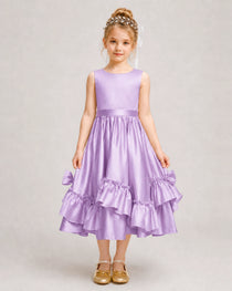 Lilac Flower Girl Dress Deep V-Back Satin Bow Ruffle Knee-Length Dress Front View