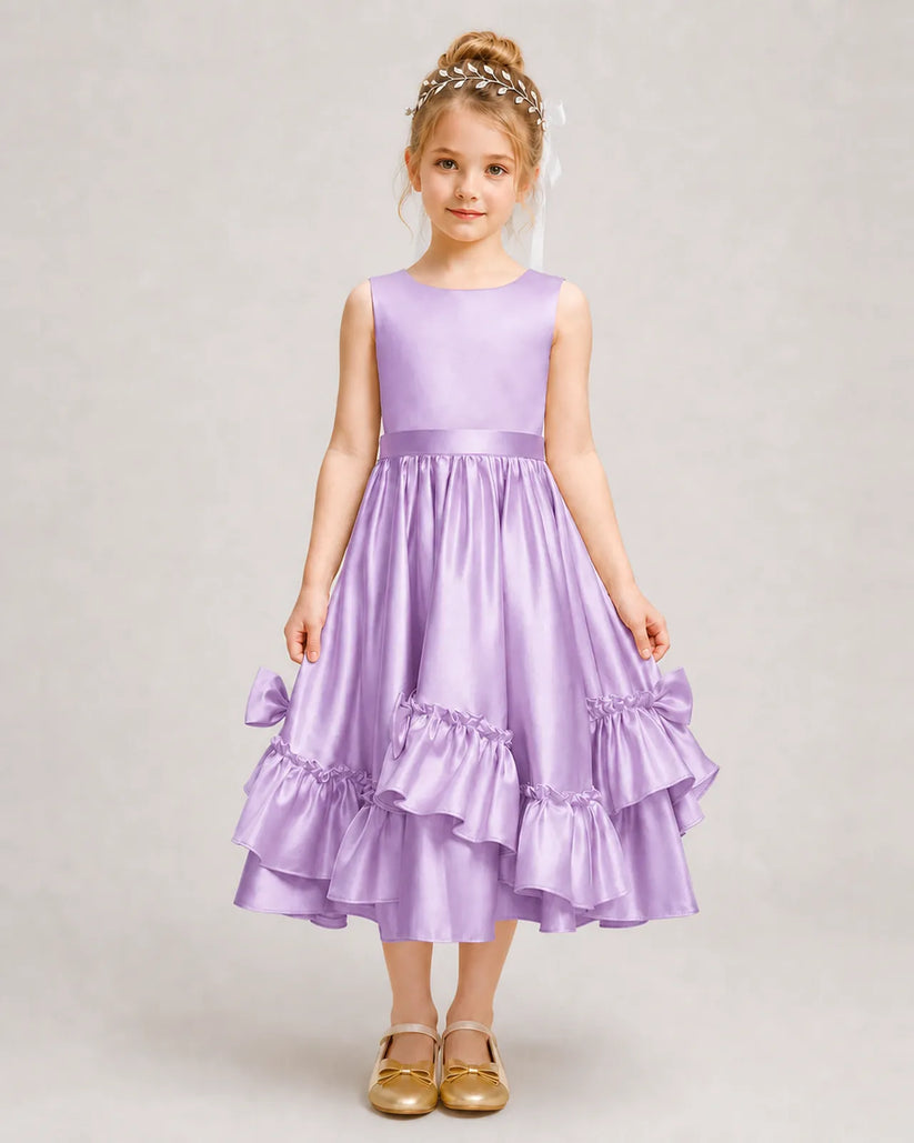Lilac Satin A-line Girls Formal Dress Front View