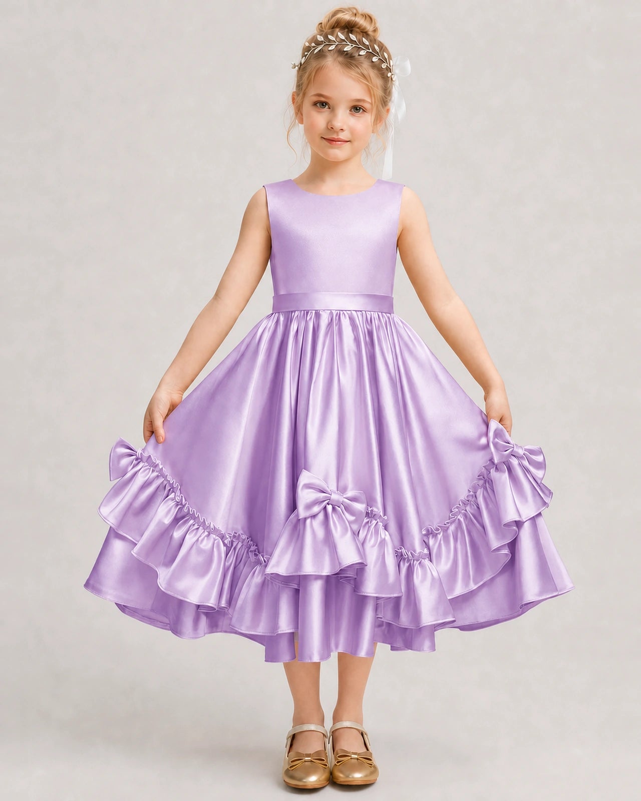 Lilac Flower Girl Dress Deep V-Back Satin Bow Ruffle Knee-Length Dress Front View