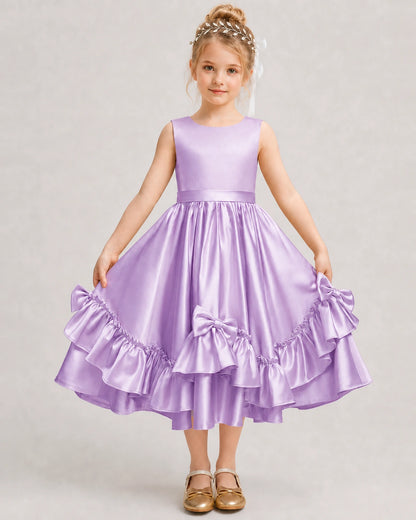 Lilac Flower Girl Dress Deep V-Back Satin Bow Ruffle Knee-Length Dress Front View
