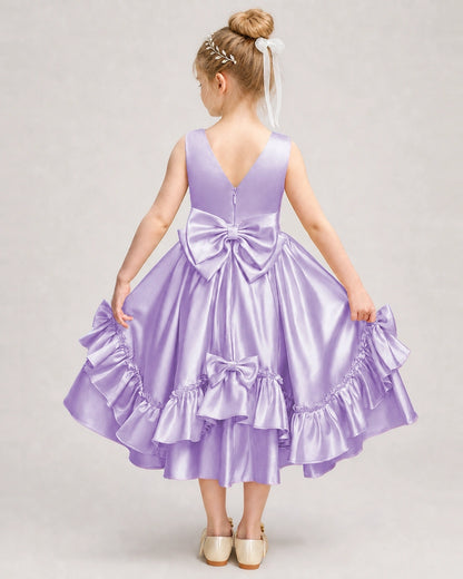 Lilac Flower Girl Dress Deep V-Back Satin Bow Ruffle Knee-Length Dress Back View
