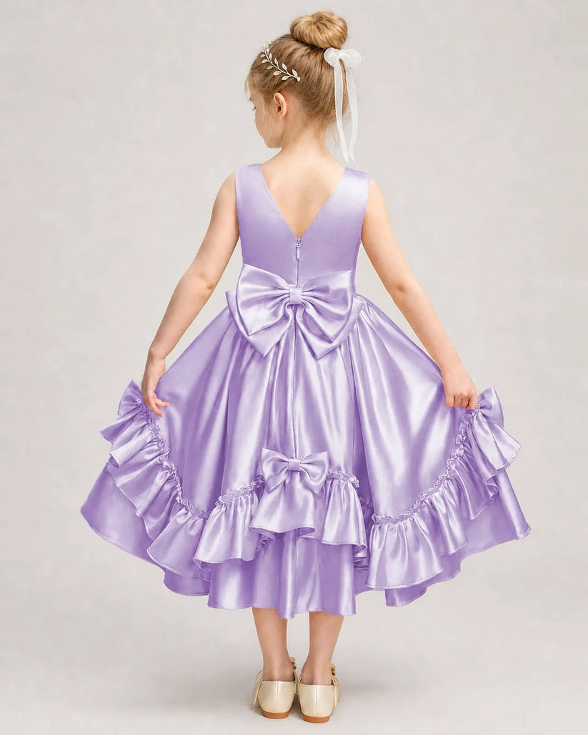 Lilac Satin A-line Girls Formal Dress Back View