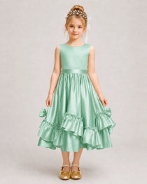 Mint Green Flower Girl Dress Deep V-Back Satin Bow Ruffle Knee-Length Dress Front View