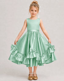 Mint Green Flower Girl Dress Deep V-Back Satin Bow Ruffle Knee-Length Dress Front View