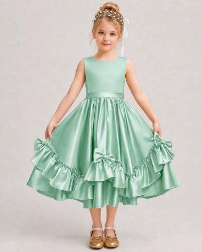 Mint Green Flower Girl Dress Deep V-Back Satin Bow Ruffle Knee-Length Dress Front View