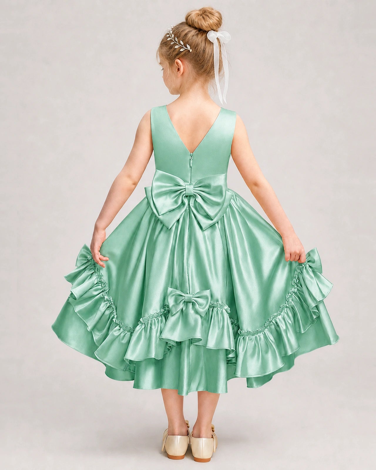 Mint Green Flower Girl Dress Deep V-Back Satin Bow Ruffle Knee-Length Dress Back View