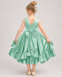 Mint Green Flower Girl Dress Deep V-Back Satin Bow Ruffle Knee-Length Dress Back View