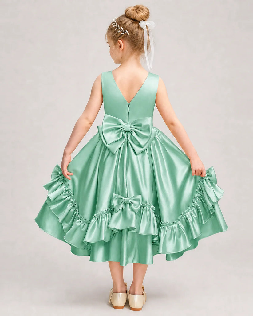 Mint Green Satin A-line Girls Formal Dress Back View