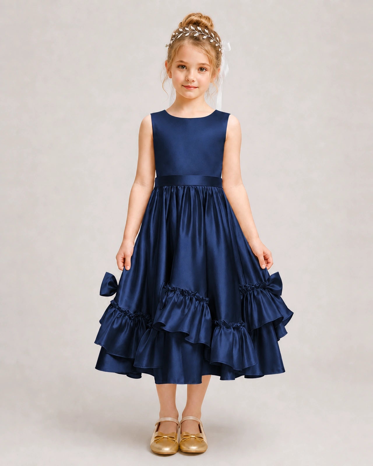 Navy Blue Flower Girl Dress Deep V-Back Satin Bow Ruffle Knee-Length Dress Front View