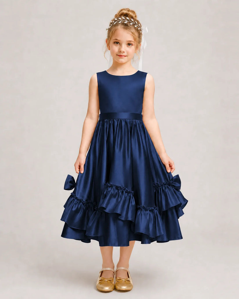 Navy Blue Satin A-line Girls Formal Dress Front View