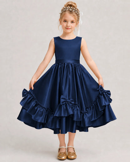 Navy Blue Flower Girl Dress Deep V-Back Satin Bow Ruffle Knee-Length Dress Front View