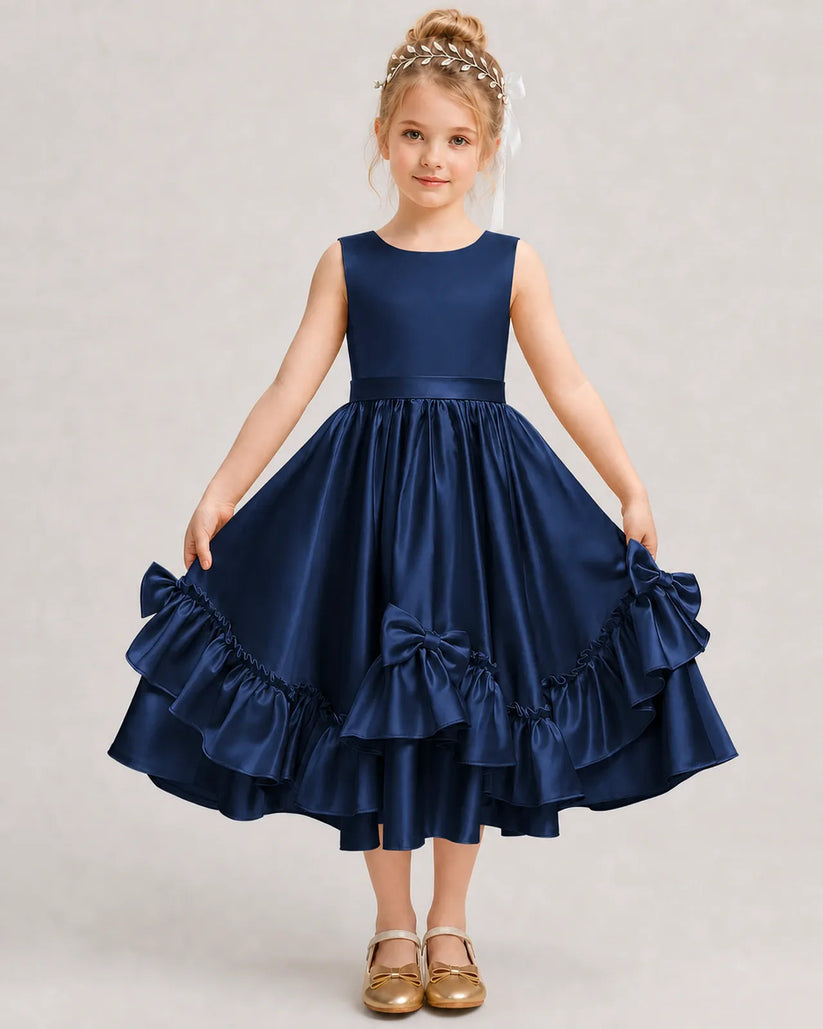 Navy Blue Satin A-line Girls Formal Dress Front View