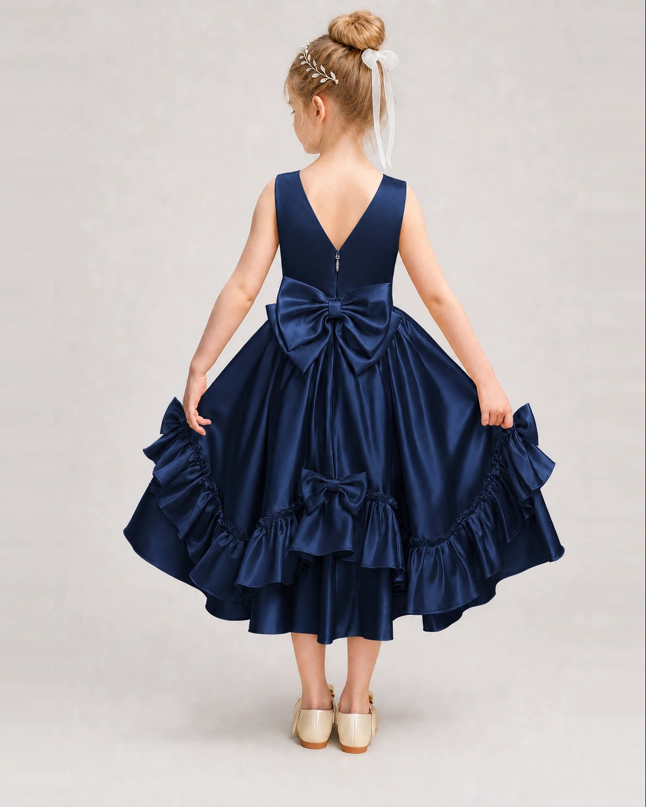 Navy Blue Flower Girl Dress Deep V-Back Satin Bow Ruffle Knee-Length Dress Back View