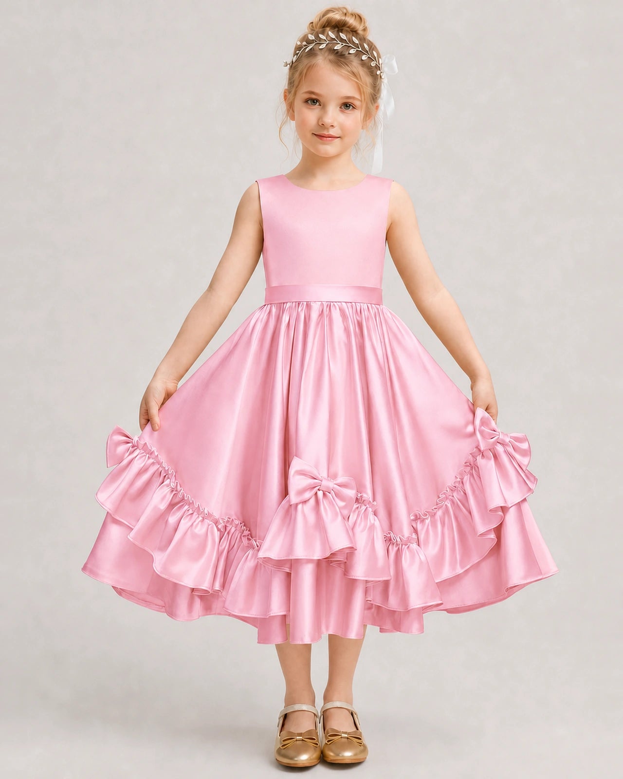 Pink Flower Girl Dress Deep V-Back Satin Bow Ruffle Knee-Length Dress Front View