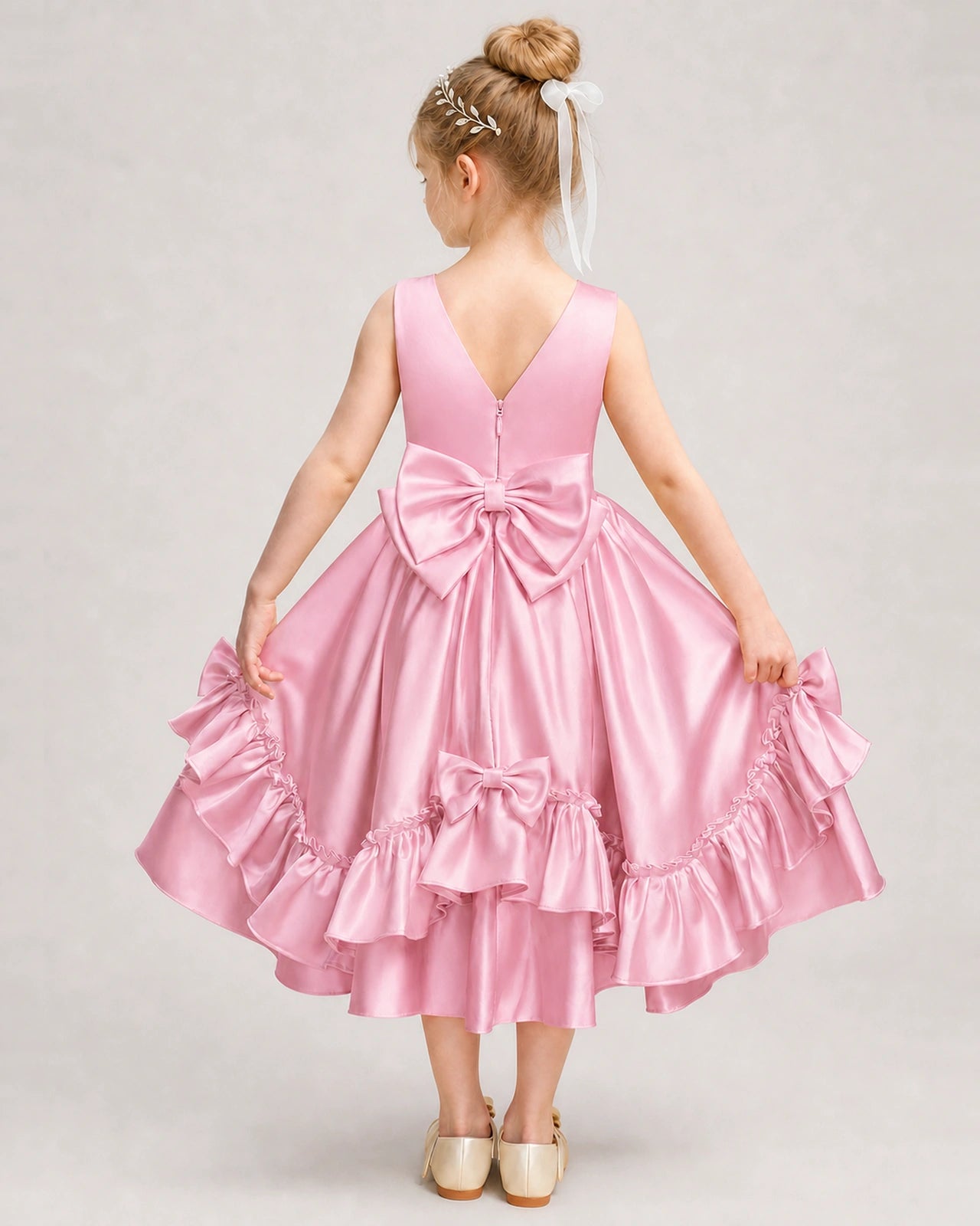 Pink Flower Girl Dress Deep V-Back Satin Bow Ruffle Knee-Length Dress Back View
