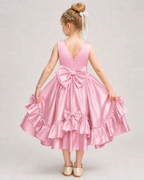 Pink Flower Girl Dress Deep V-Back Satin Bow Ruffle Knee-Length Dress Back View