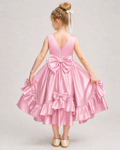 Pink Flower Girl Dress Deep V-Back Satin Bow Ruffle Knee-Length Dress Back View