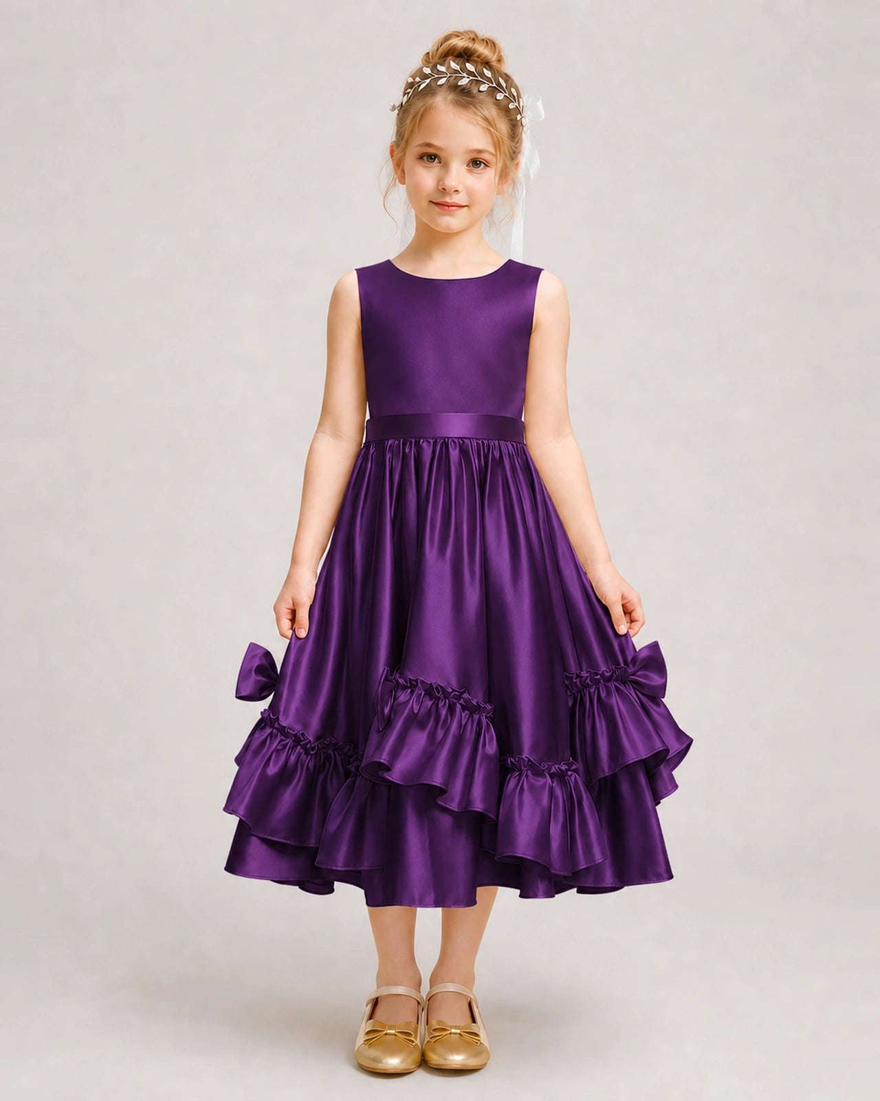 Purple Flower Girl Dress Deep V-Back Satin Bow Ruffle Knee-Length Dress Front View