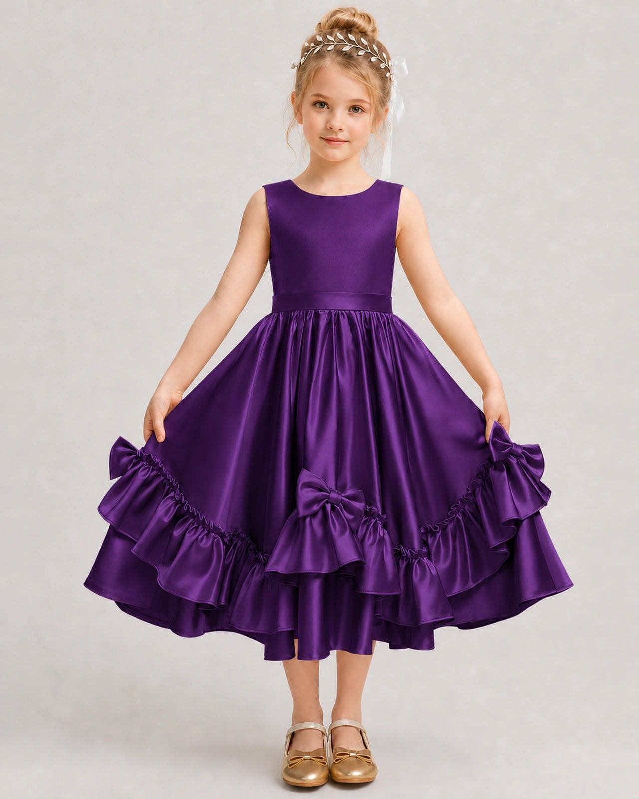 Purple Flower Girl Dress Deep V-Back Satin Bow Ruffle Knee-Length Dress Front View