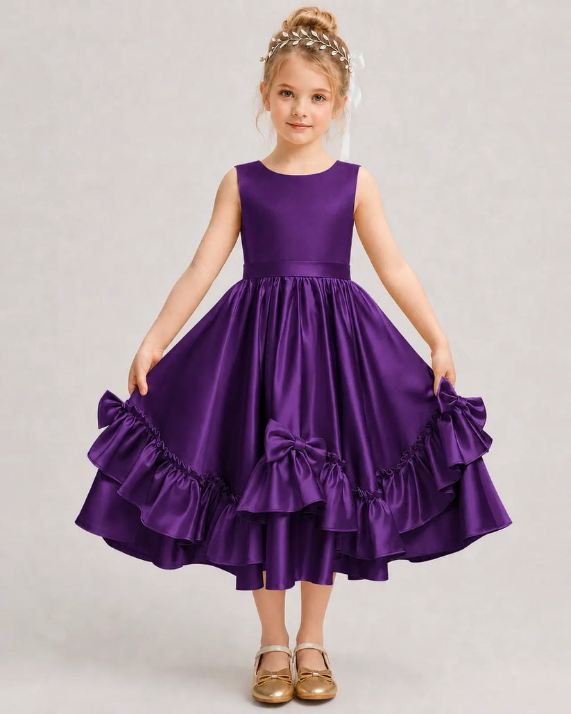 Purple Satin A-line Girls Formal Dress Front View