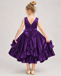 Purple Flower Girl Dress Deep V-Back Satin Bow Ruffle Knee-Length Dress Back View