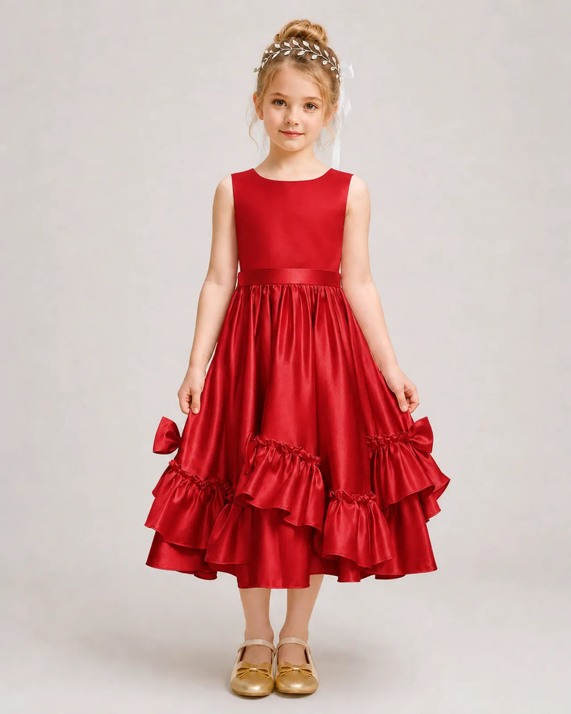 Red Satin A-line Girls Formal Dress Front View