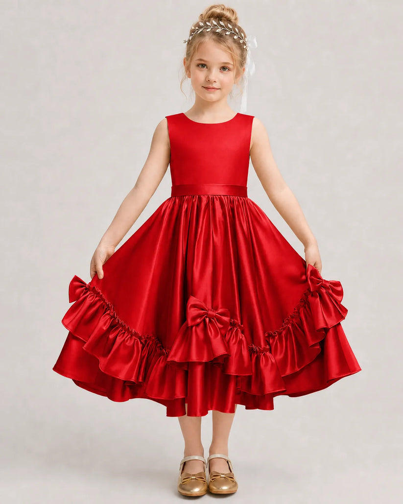 Red Satin A-line Girls Formal Dress Front View