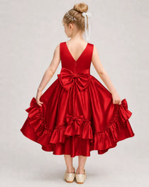 Red Flower Girl Dress Deep V-Back Satin Bow Ruffle Knee-Length Dress Back View