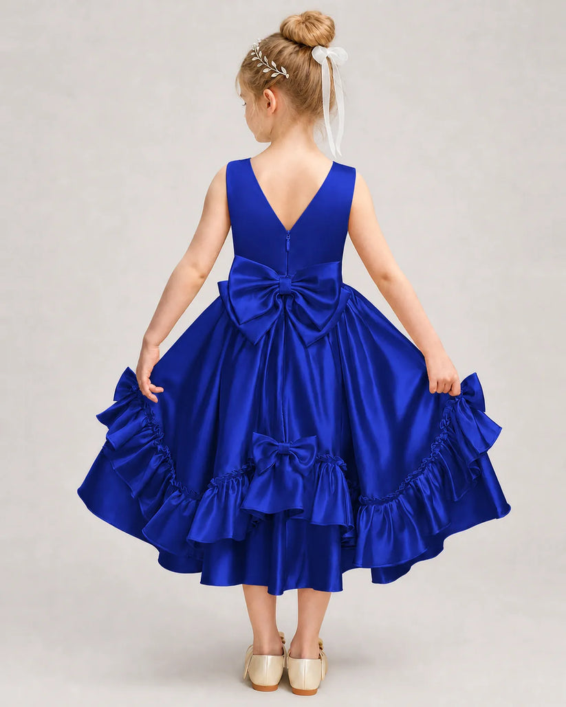 Royal Blue Satin A-line Girls Formal Dress Back View