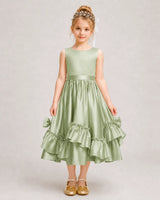 Sage Green Satin A-line Girls Formal Dress Front View