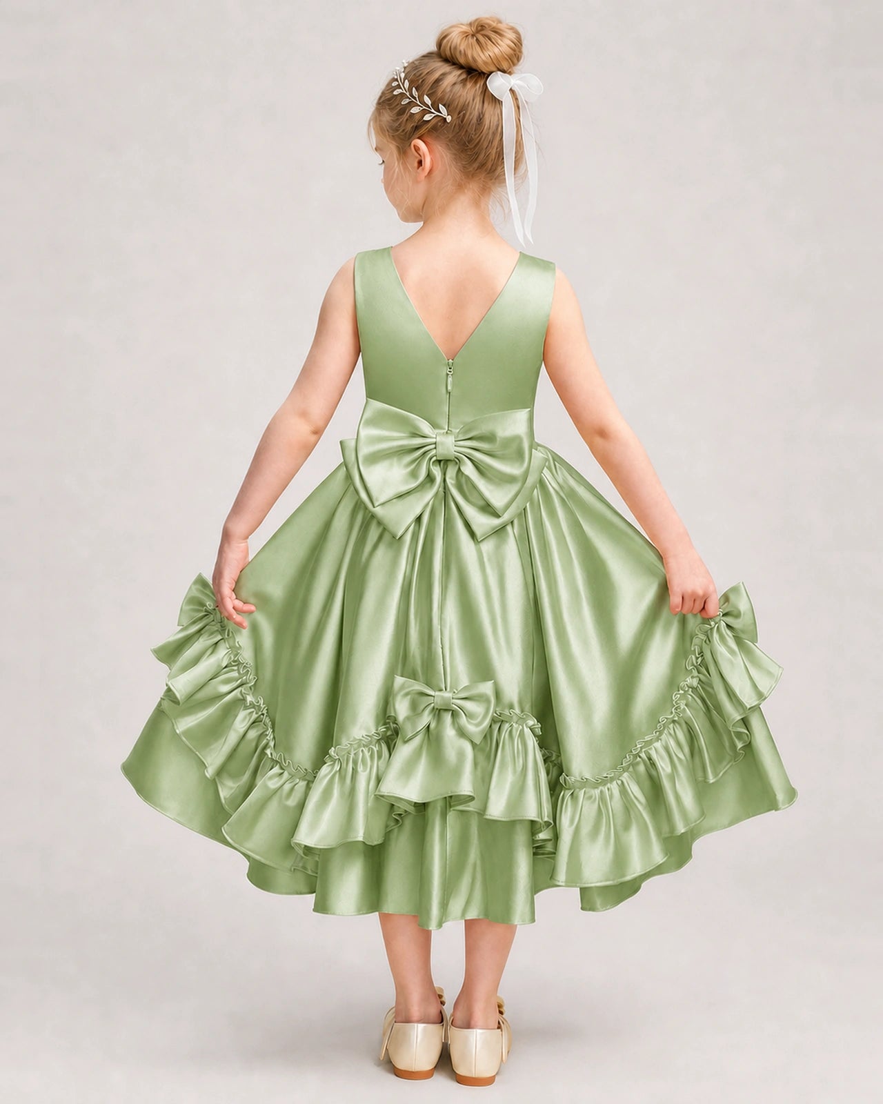 Sage Green Flower Girl Dress Deep V-Back Satin Bow Ruffle Knee-Length Dress Back View