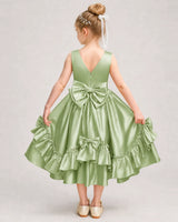 Sage Green Satin A-line Girls Formal Dress Back View