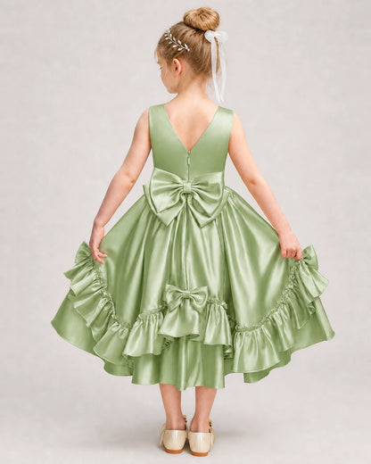 Sage Green Flower Girl Dress Deep V-Back Satin Bow Ruffle Knee-Length Dress Back View