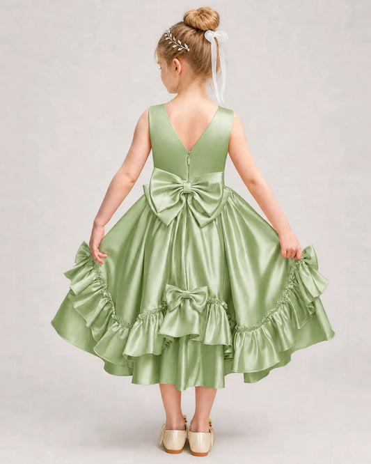 Sage Green Satin A-line Girls Formal Dress Back View