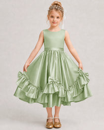 Sage Green Flower Girl Dress Deep V-Back Satin Bow Ruffle Knee-Length Dress Front View