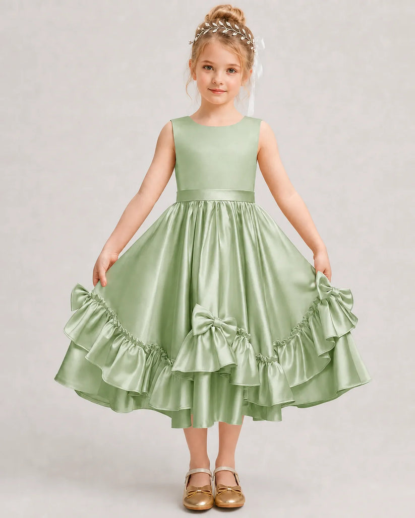 Sage Green Satin A-line Girls Formal Dress Front View