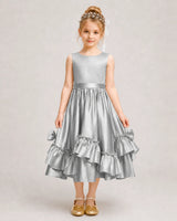 Silver Satin A-line Girls Formal Dress Front View
