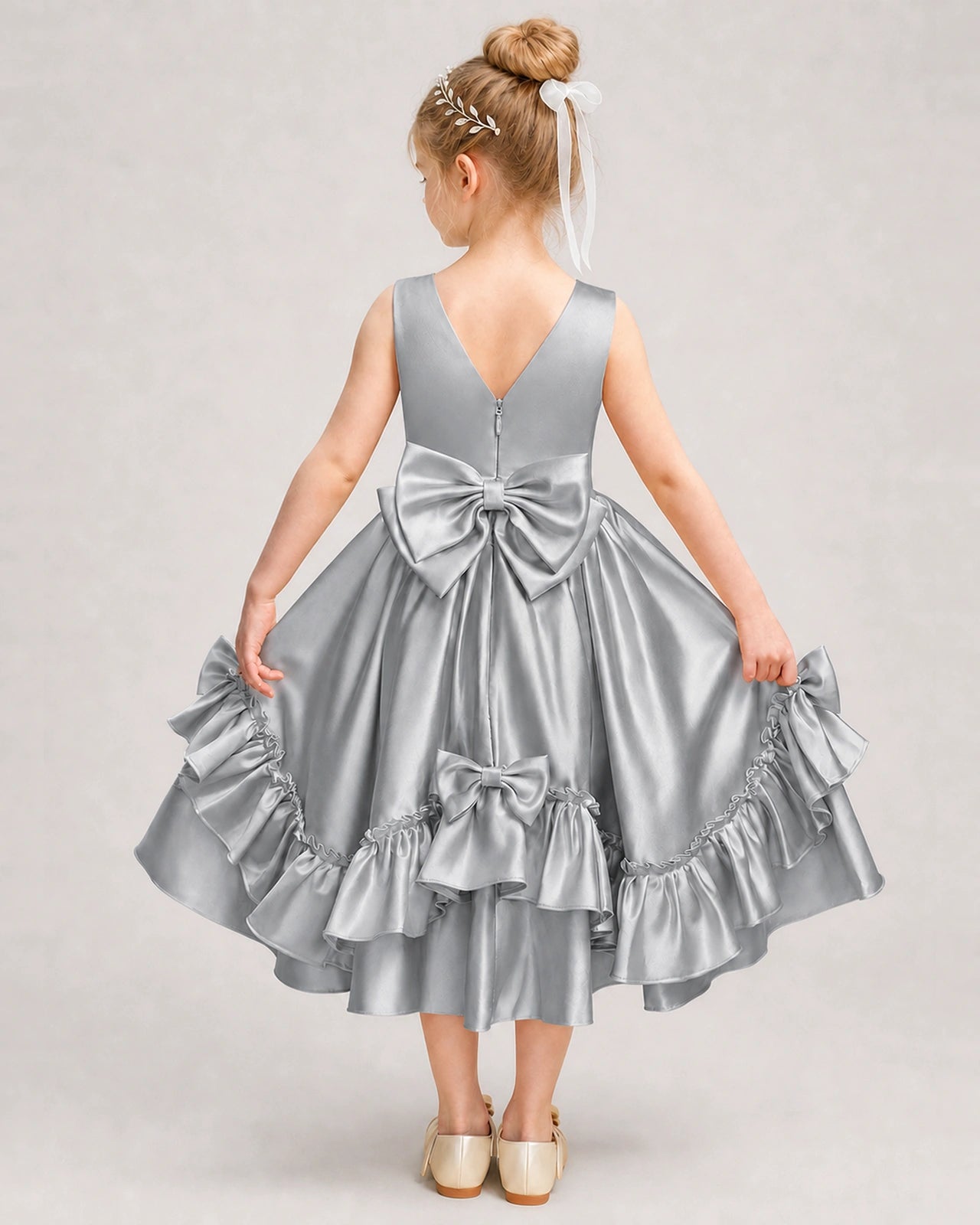 Silver Flower Girl Dress Deep V-Back Satin Bow Ruffle Knee-Length Dress Back View