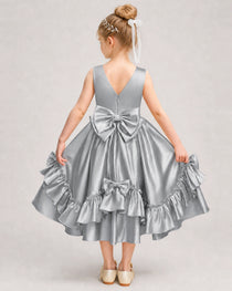 Silver Flower Girl Dress Deep V-Back Satin Bow Ruffle Knee-Length Dress Back View