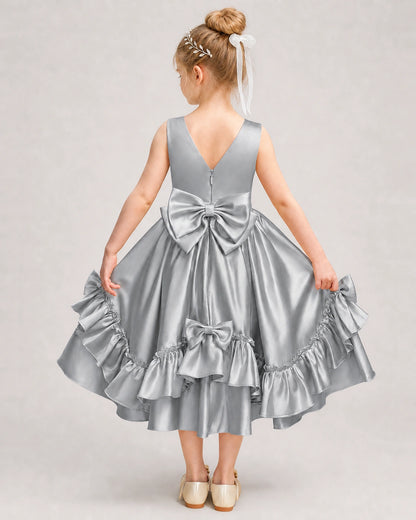 Silver Flower Girl Dress Deep V-Back Satin Bow Ruffle Knee-Length Dress Back View