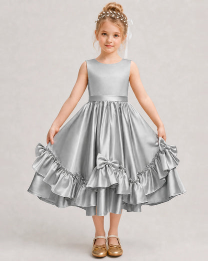 Silver Flower Girl Dress Deep V-Back Satin Bow Ruffle Knee-Length Dress Front View