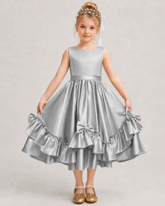 Silver Satin A-line Girls Formal Dress Front View