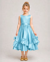 Sky Blue Satin A-line Girls Formal Dress Front View