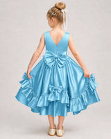 Sky Blue Satin A-line Girls Formal Dress Back View