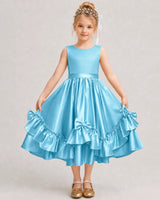 Sky Blue Satin A-line Girls Formal Dress Front View