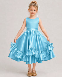 Sky Blue Flower Girl Dress Deep V-Back Satin Bow Ruffle Knee-Length Dress Front View